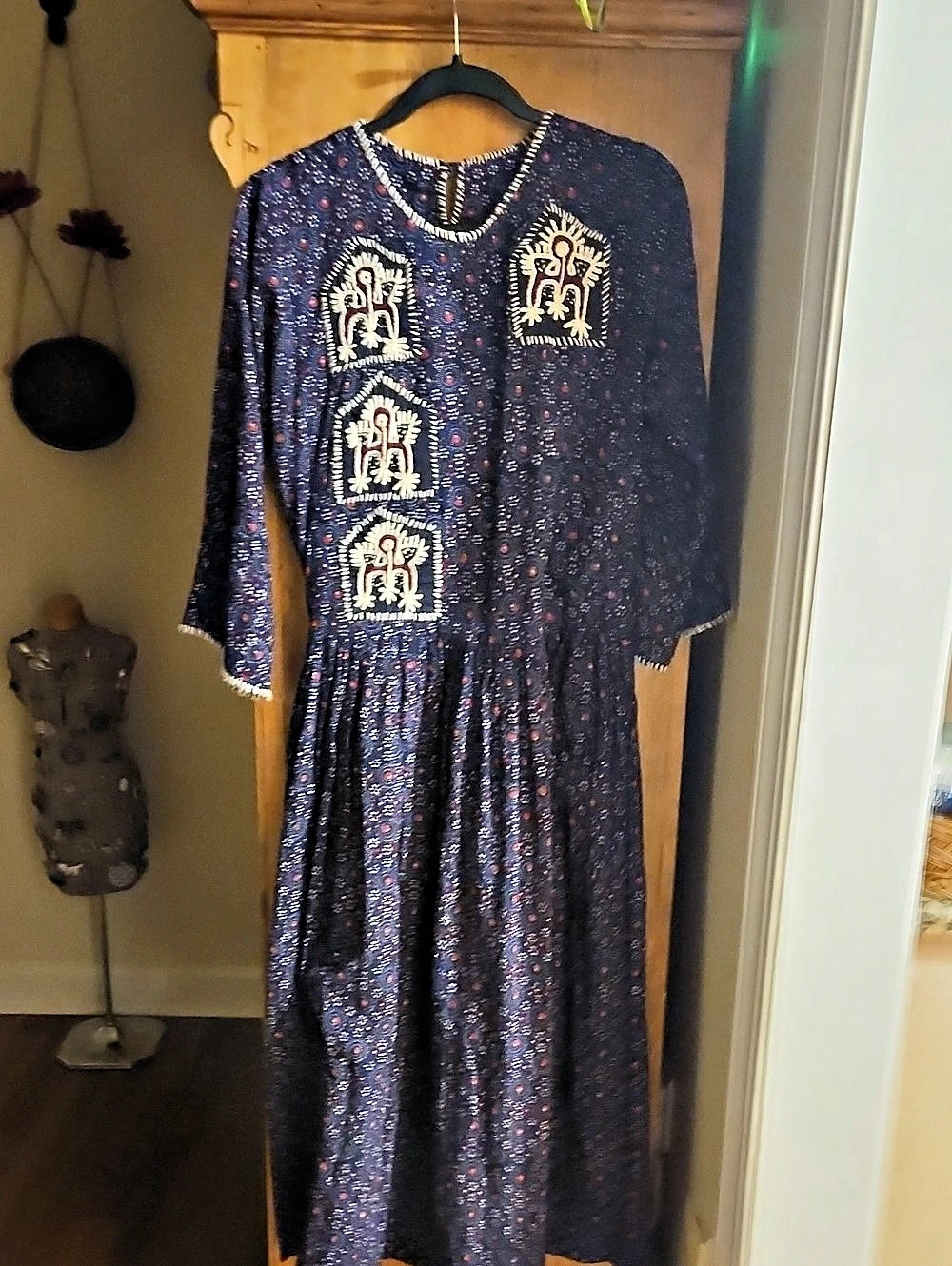 Market Place Embroidered Cotton Maxi Dress in Blue & Red Size Medium Like New